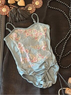 NWOT Girls Curtain Call Costumes Muted Green One-Piece Leotard w/Embellishments